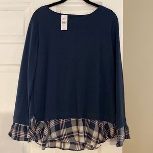 NWT Loft Blue Sweater with Plaid Ruffle Detail M